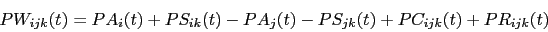 \begin{displaymath}
PW_{ijk}(t) = PA_i(t)+PS_{ik}(t)-PA_j(t)-PS_{jk}(t)+PC_{ijk}(t)+PR_{ijk}(t)
\end{displaymath}